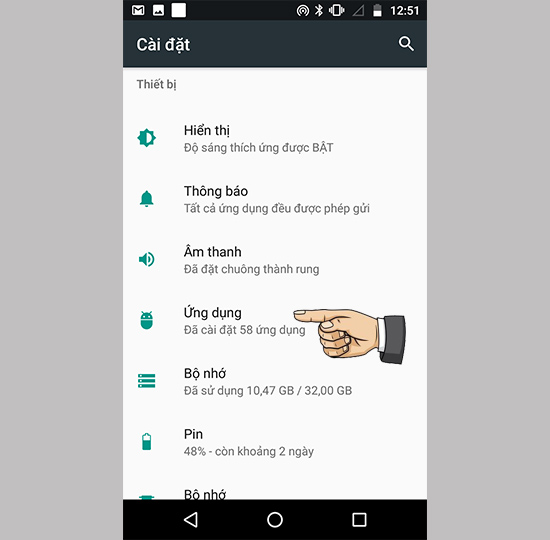 Vào cài đặt ứng dụng